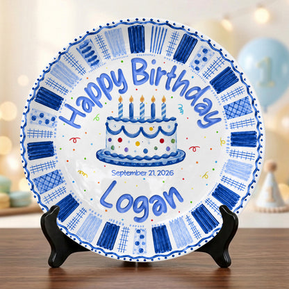Blue Checkered Cake Personalized Birthday Plate for Boys Birthday Gift P812TGN0