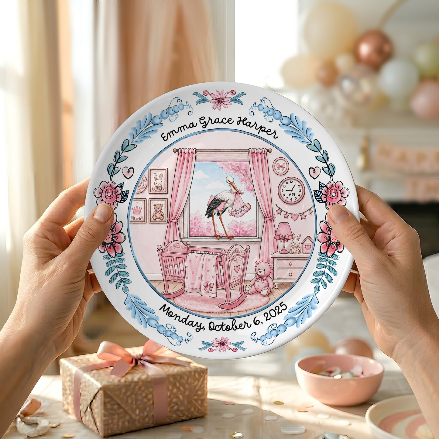 Pink Nursery Room with Stork and Floral Border Personalized Birthday Plate P518MN50