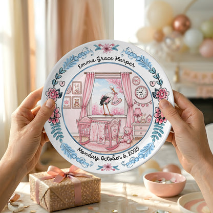 Pink Nursery Room with Stork and Floral Border Personalized Birthday Plate P518MN50