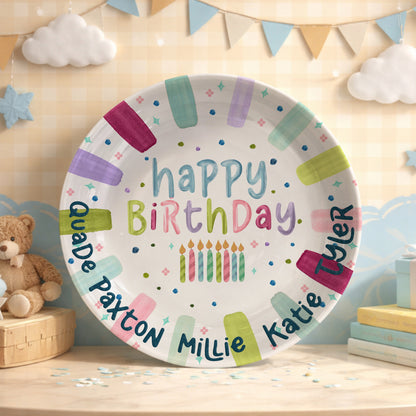 Rainbow Stripe Candle Personalized Birthday Plate for Kids P525IDR0