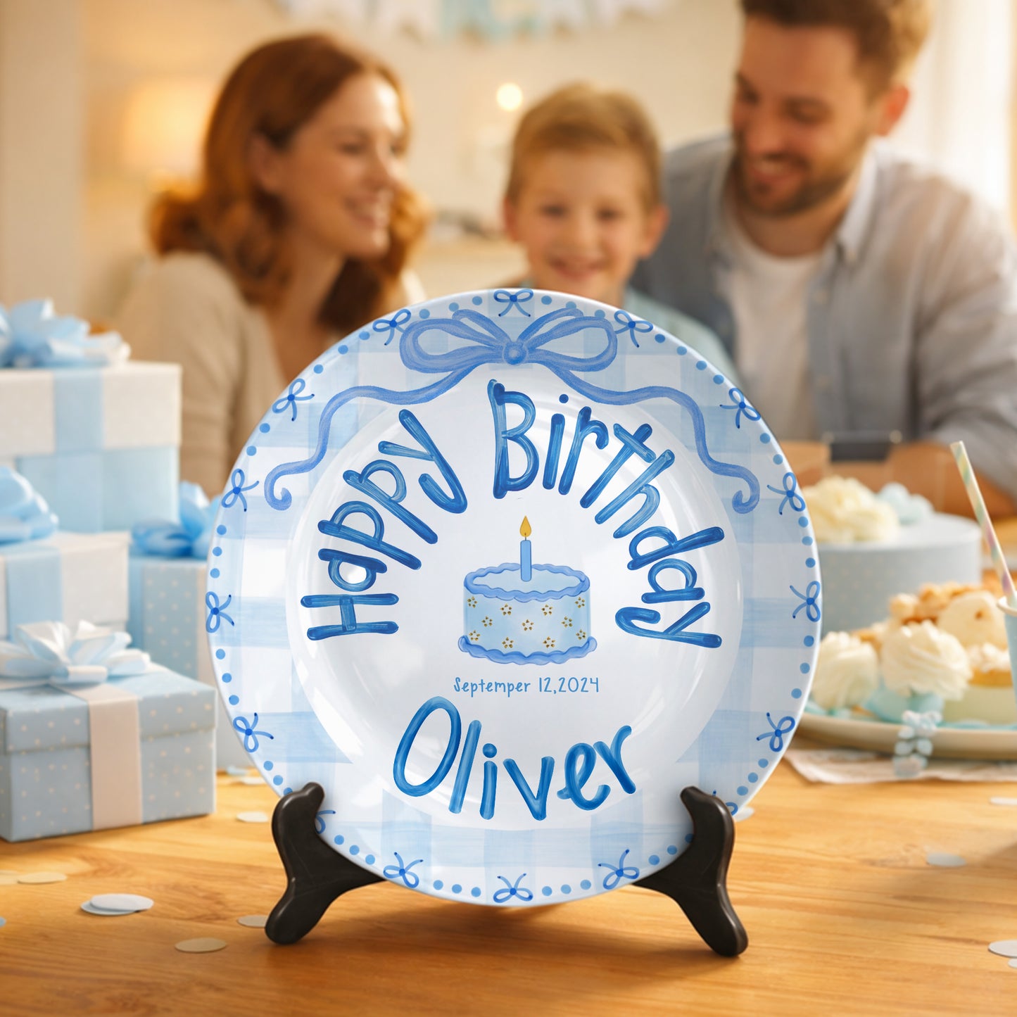 Soft Blue Gingham Personalized Birthday Plate P410VFL0