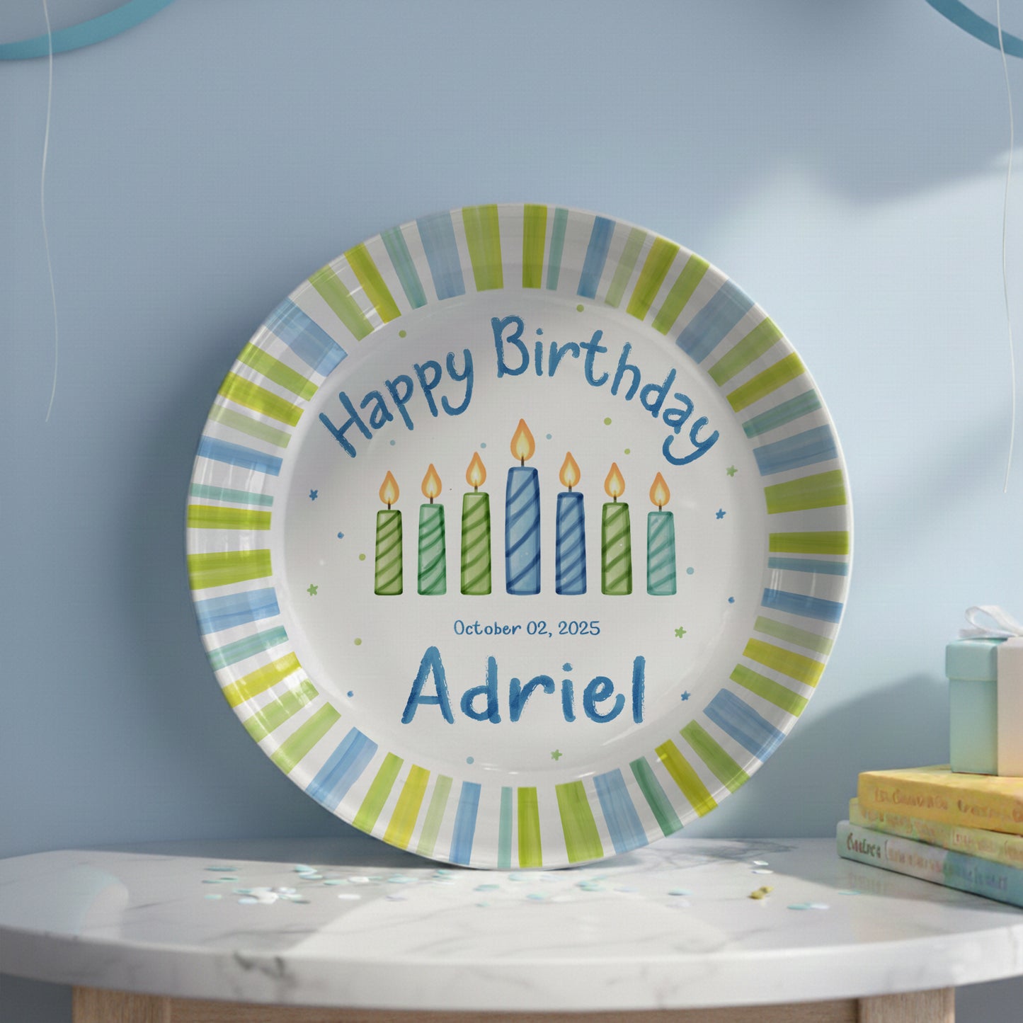 Blue Green Stripe Candle Personalized Birthday Plate for Kids D321PXW0