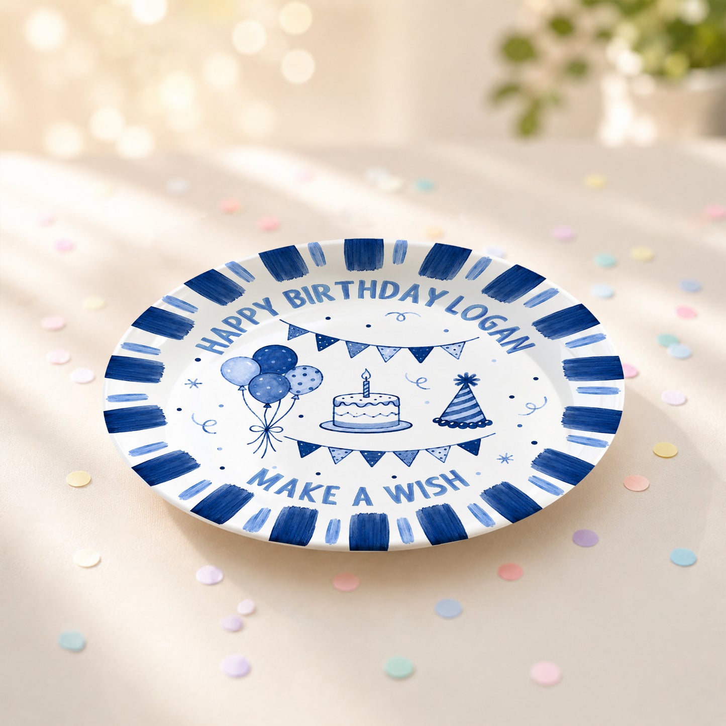 Blue Checkered Birthday Candles Personalized Birthday Plate D779CS0