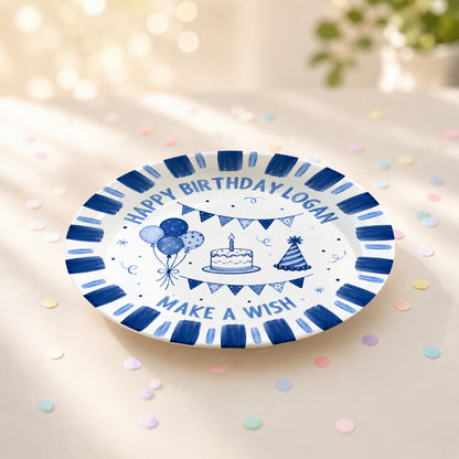 Blue Checkered Birthday Candles Personalized Birthday Plate D779CS0