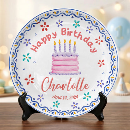 Colorful Floral Cake Design Personalized Birthday Plate for Little Girls P814DYI0