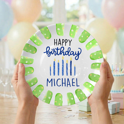 Green Brush Border with Blue Candles Personalized Birthday Plate D923B6N0