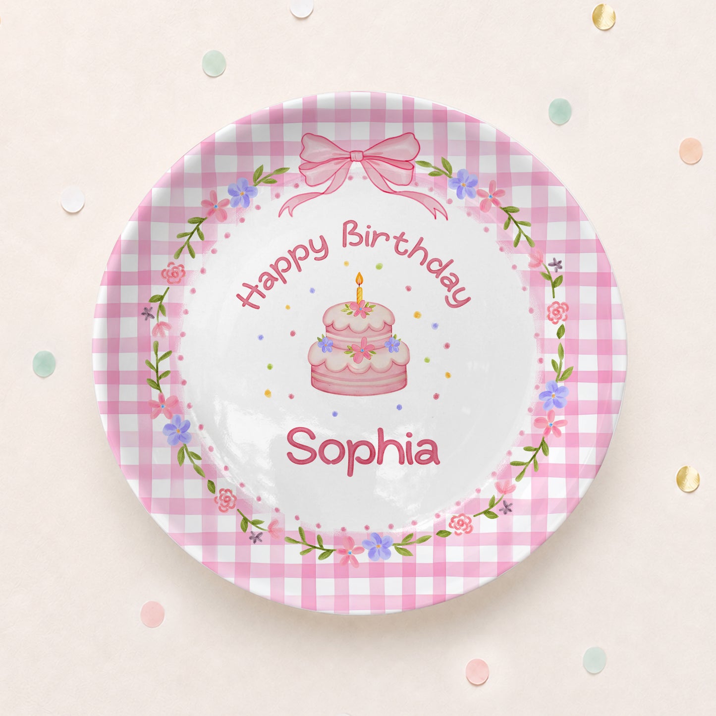 Pink Gingham Floral Personalized Birthday Plate P61O7V0