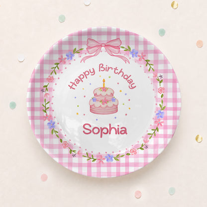 Pink Gingham Floral Personalized Birthday Plate P61O7V0