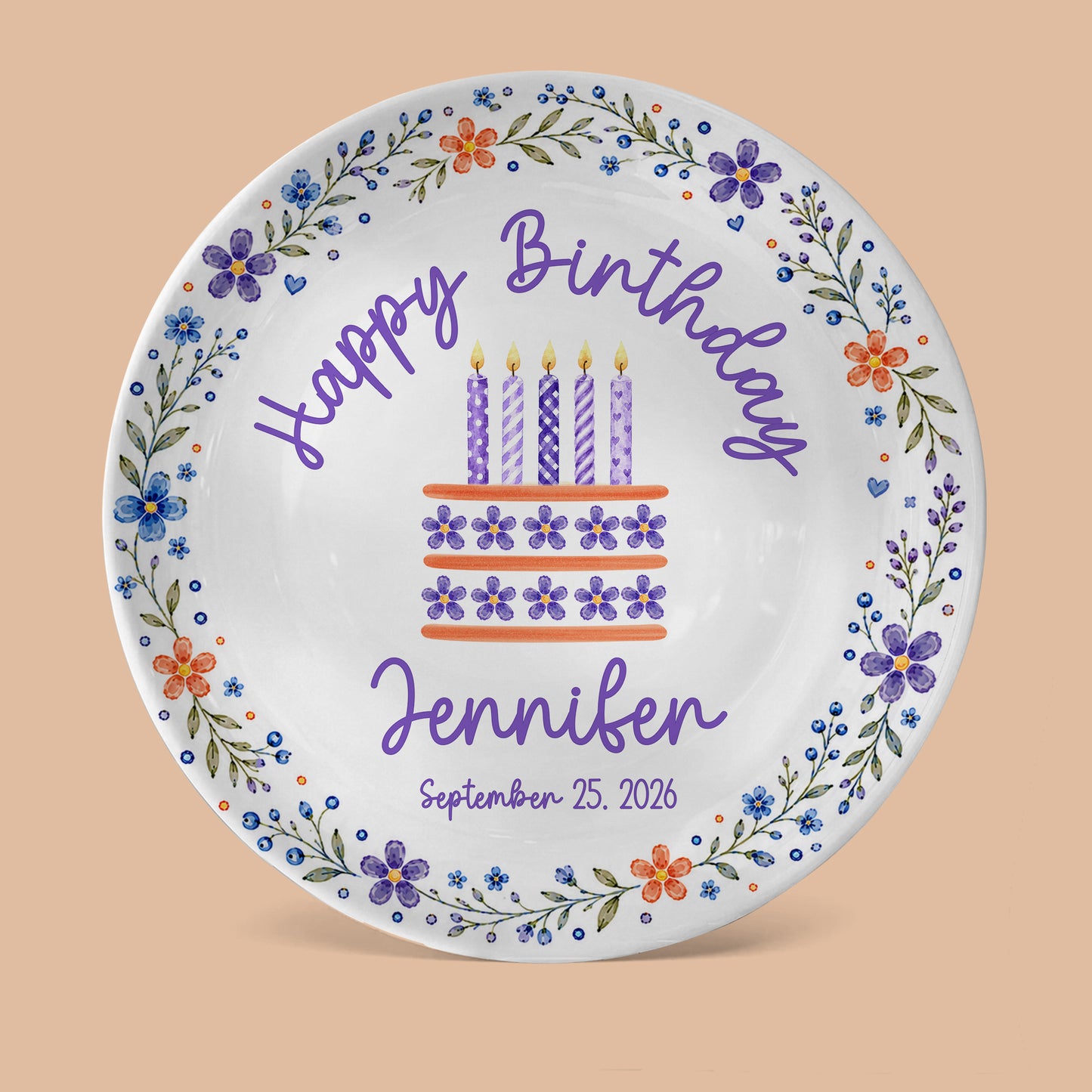 Purple Floral Personalized Birthday Plate for Girls, Custom Birthday Keepsake Gift P723G7E0