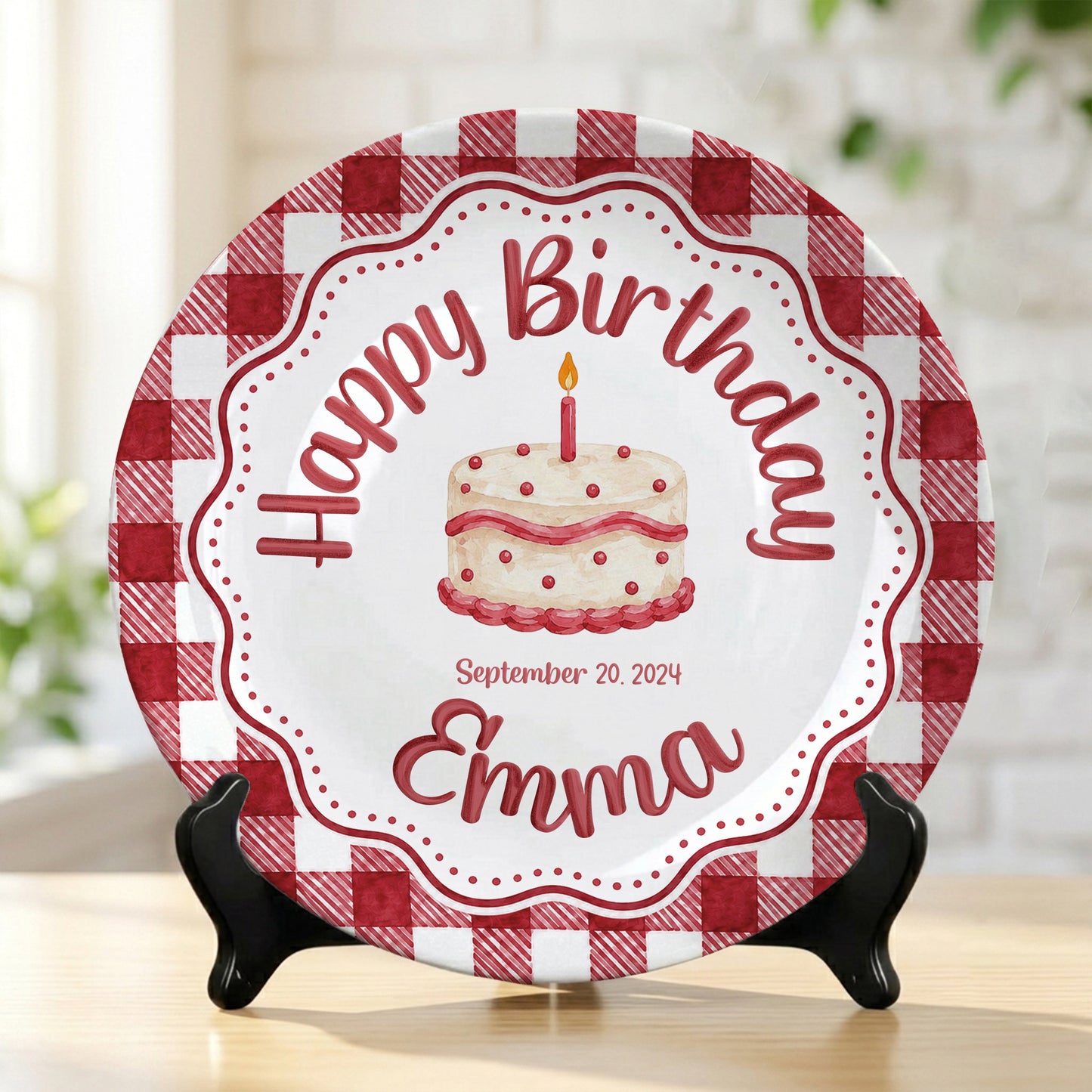 Red Gingham Birthday Cake Keepsake Personalized Birthday Plate P718CMU0