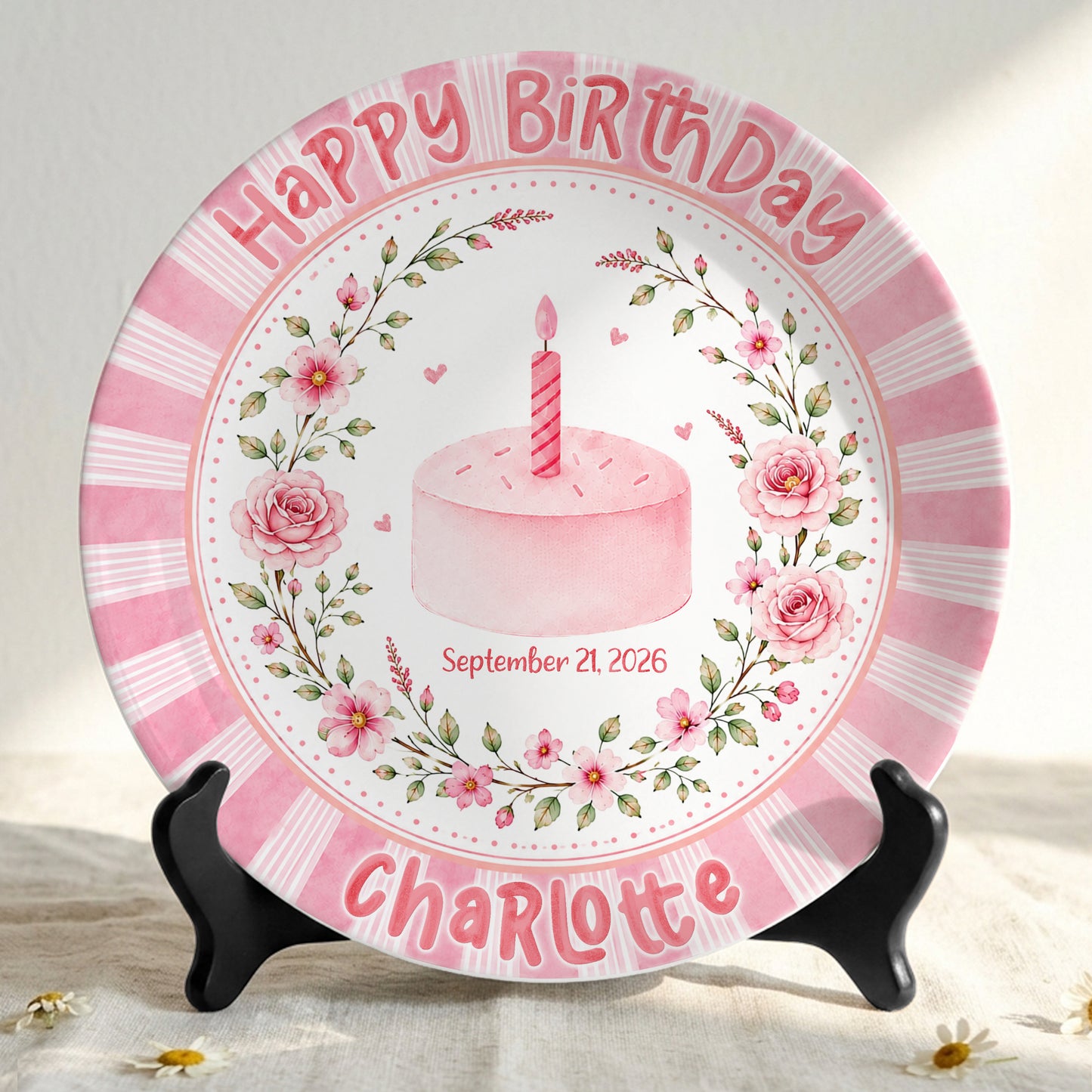 Pink Floral Cake Keepsake Personalized Birthday Plate for Baby Girls P872UD0