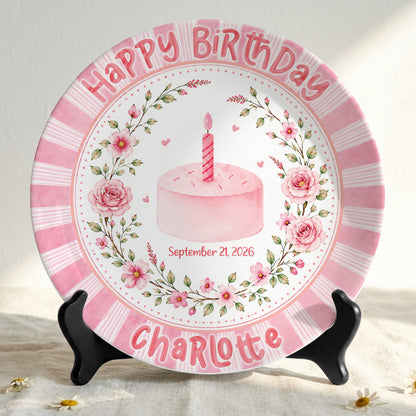 Pink Floral Cake Keepsake Personalized Birthday Plate for Baby Girls P872UD0