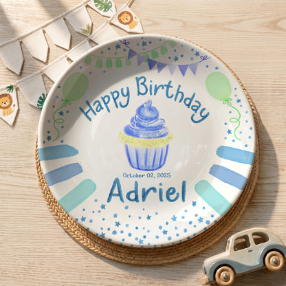 Blue Cupcake Balloon Personalized Birthday Plate P68OVE0a1