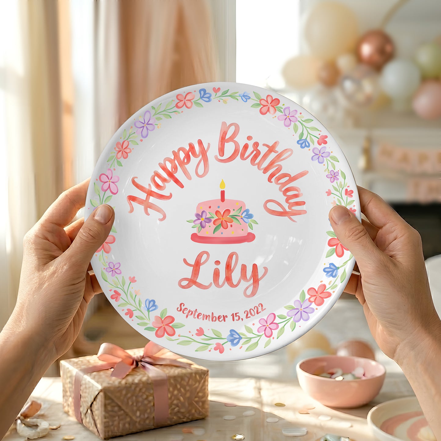 Floral Wreath with Pink Birthday Cake Personalized Birthday Plate P415Q5C0