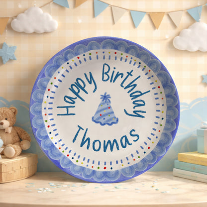 Blue Crayon Scallop Border with Party Hat Personalized Birthday Plate P511RLQ0