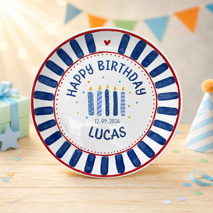 Blue Striped Birthday Candles Personalized Birthday Plate P626KF7TT