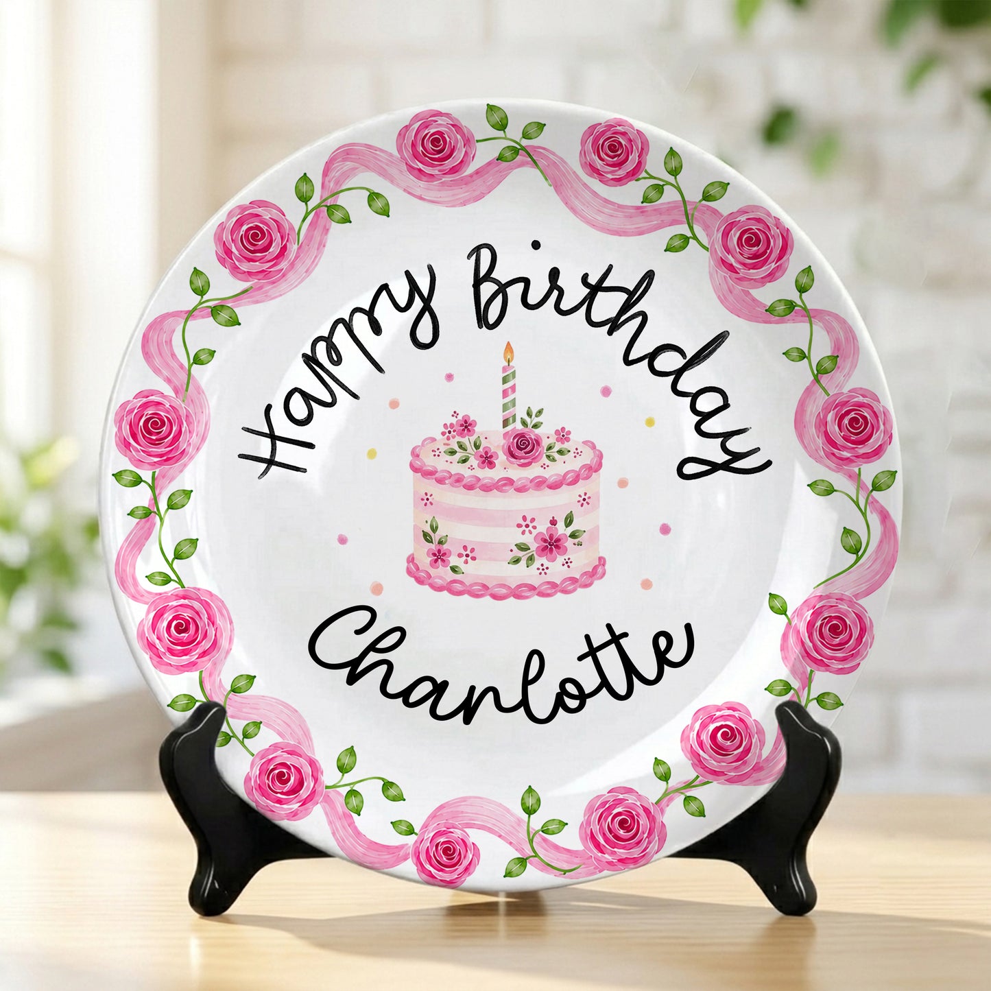 Pink Rose Cake Personalized Birthday Plate P729XQR0