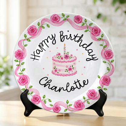 Pink Rose Cake Personalized Birthday Plate P729XQR0