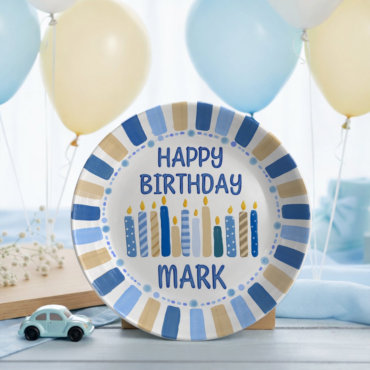 Striped Party Border with Birthday Candles Personalized Birthday Plate D321TUA0