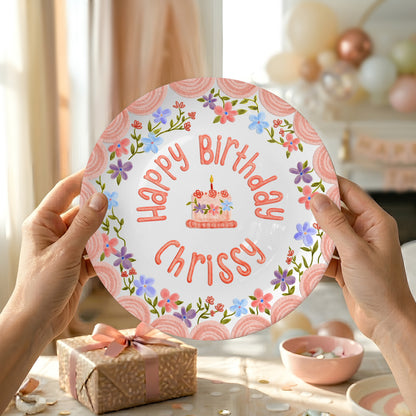Pink Scallop Border with Colorful Floral Wreath Personalized Birthday Plate P42VPA0