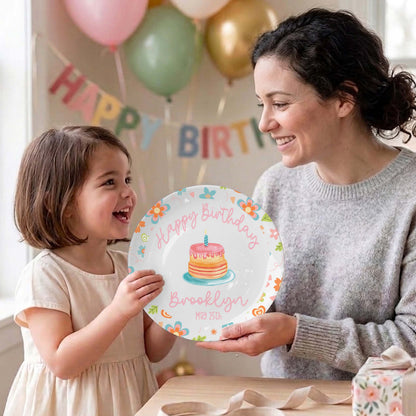 Colorful Floral with Cake Personalized Birthday Plate D92YJX0