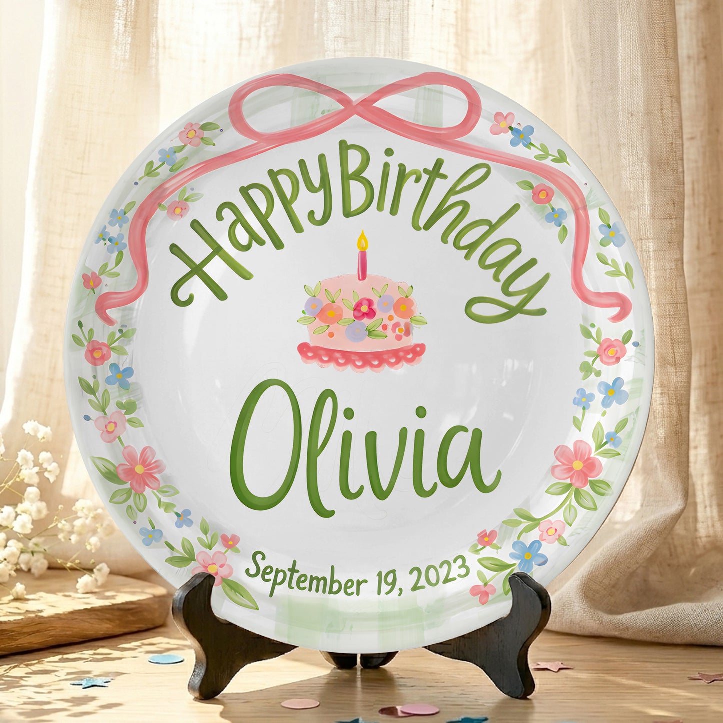 Pink Bow with Green Floral Border and Birthday Cake Personalized Birthday Plate P4156TV0