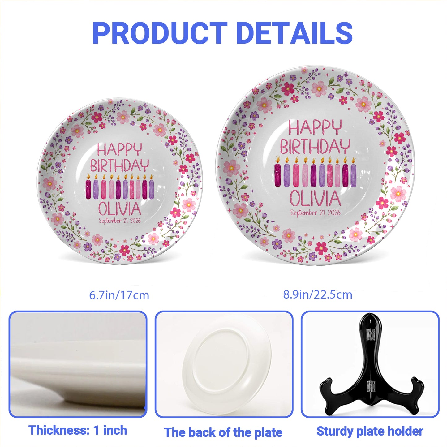 Floral Birthday Candles Personalized Birthday Plate for Girls D625JGX0