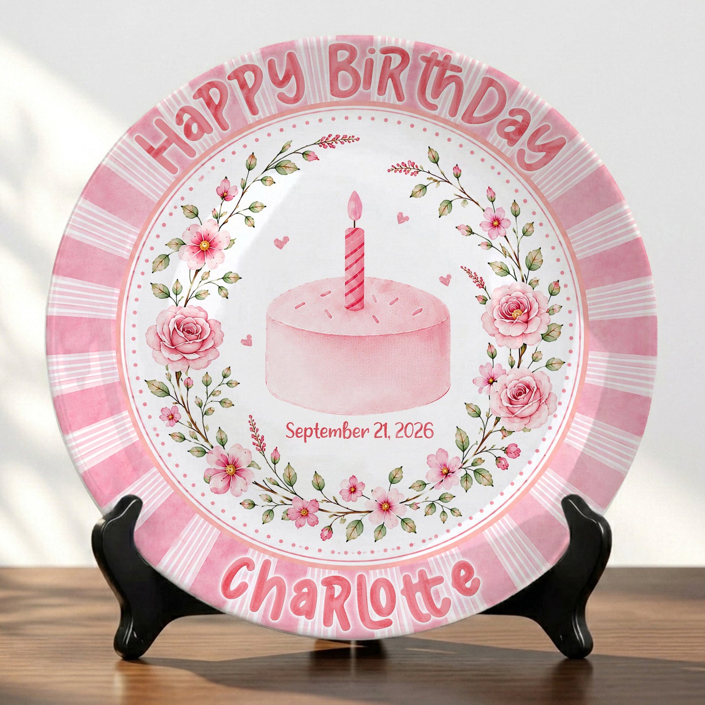 Pink Floral Cake Keepsake Personalized Birthday Plate for Baby Girls P872UD0