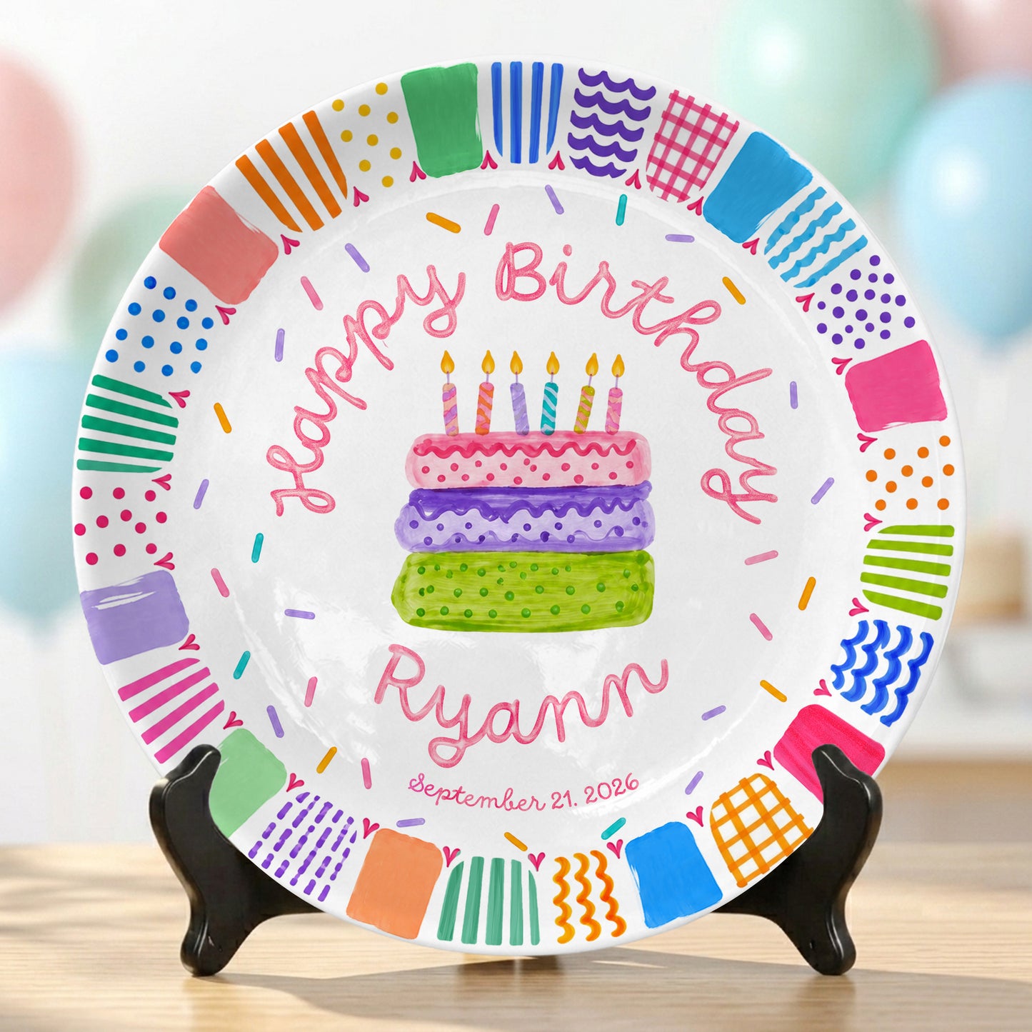 Colorful Happy Birthday Cake Keepsake Custom Name Personalized Birthday Plate P821LW10