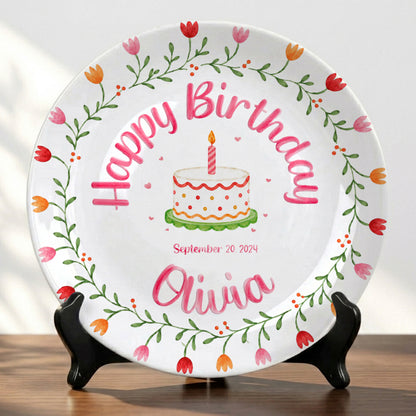Tulip Floral Personalized Birthday Plate for Kids, Custom Name and Date Ceramic Keepsake P85E4U0