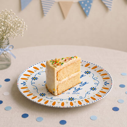 Orange Sunburst Border with Blue Flowers Personalized Birthday Plate P626HW0