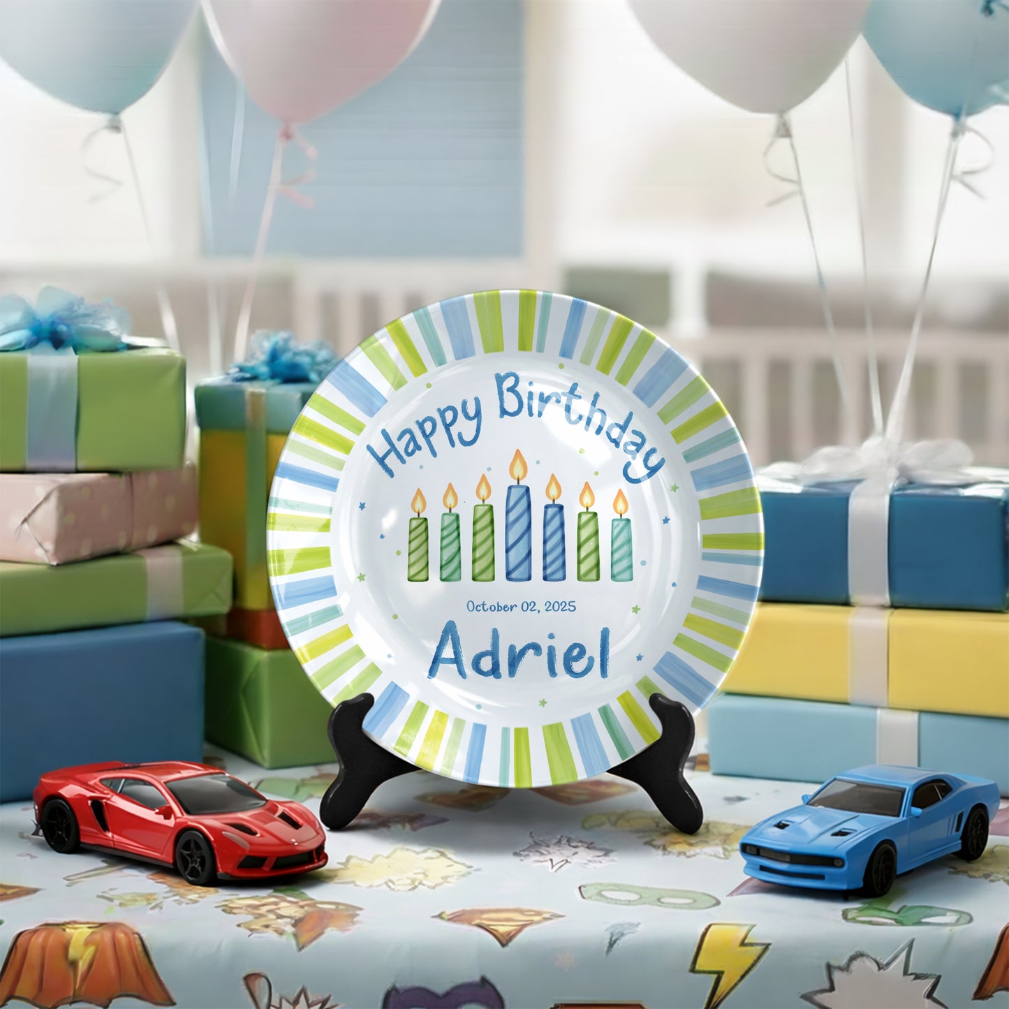 Blue Green Stripe Candle Personalized Birthday Plate for Kids D321PXW0