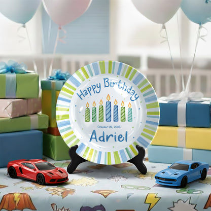 Blue Green Stripe Candle Personalized Birthday Plate for Kids D321PXW0