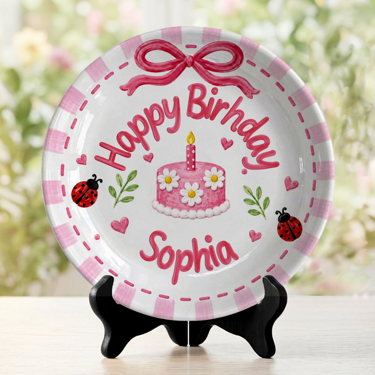 Pink Gingham Ladybug Keepsake Personalized Birthday Plate P7184FK0