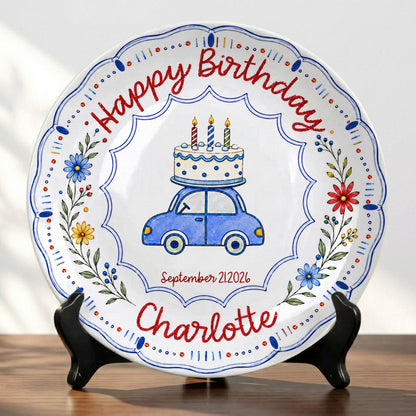 Blue Car Floral Personalized Birthday Plate for Kids Keepsake Gift P8124VP0