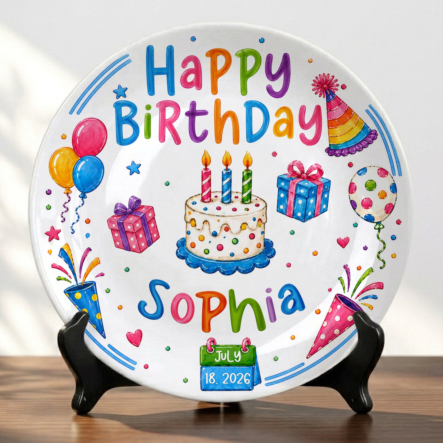 Colorful Party Cake Keepsake Gift Personalized Birthday Plate for Kids P86Z2N0