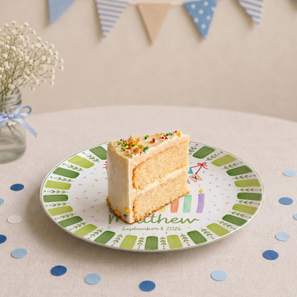 Green Striped Leaf Border with Birthday Banner and Colorful Candles Personalized Birthday Plate P66QSJ0