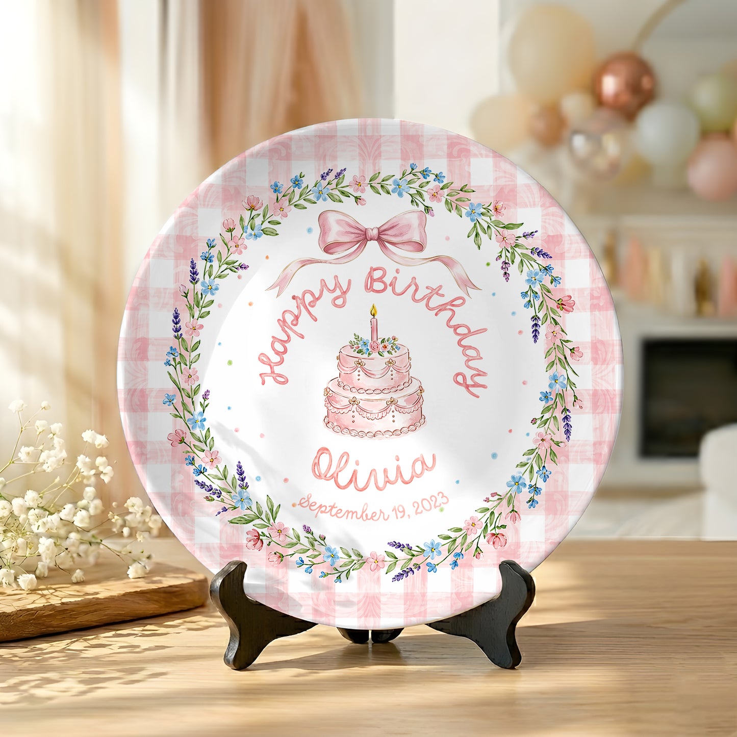 Pink Gingham Bow Cake Personalized Birthday Plate P423V6P0