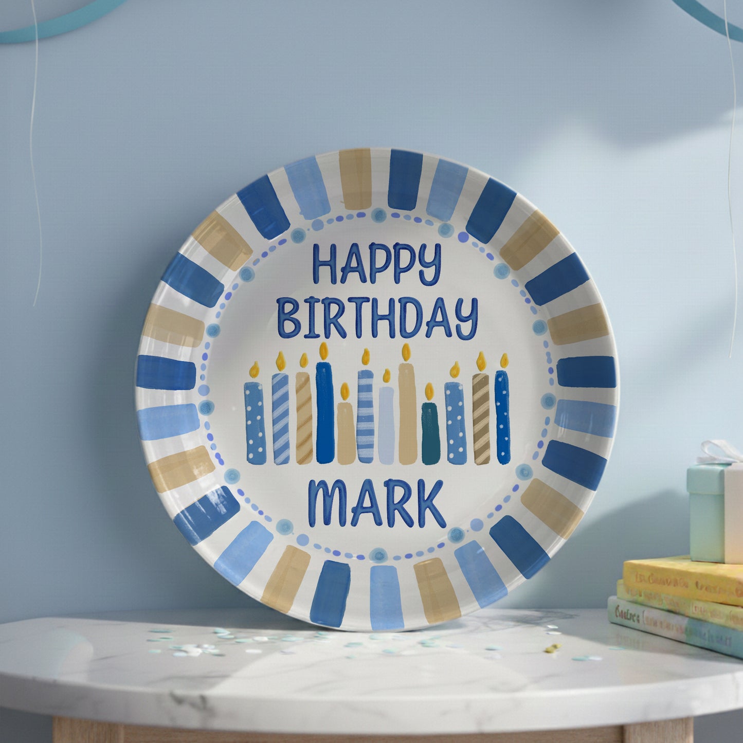Striped Party Border with Birthday Candles Personalized Birthday Plate D321TUA0