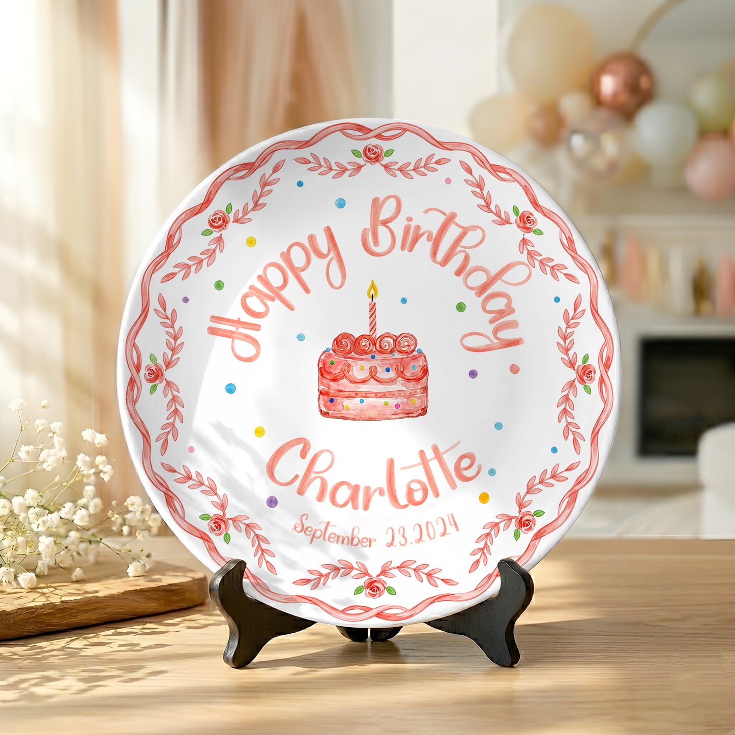 Coral Rose Cake Personalized Birthday Plate P417BXK0