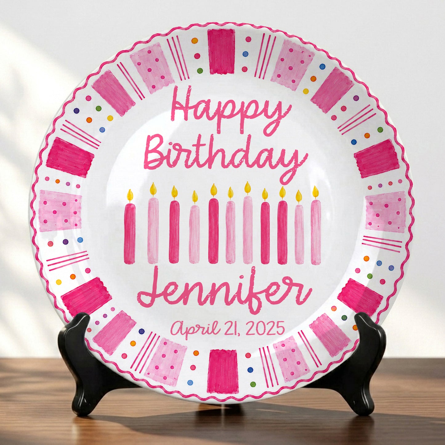 Pink Birthday Candles Personalized Birthday Plate for Kids Ceramic Keepsake Gift P86W4N0