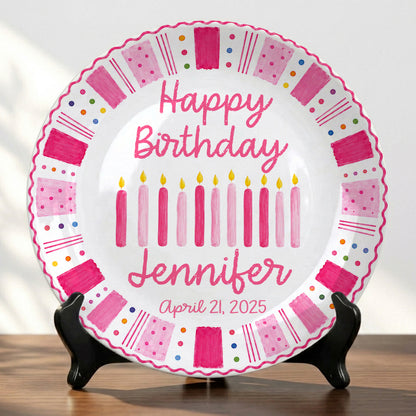 Pink Birthday Candles Personalized Birthday Plate for Kids Ceramic Keepsake Gift P86W4N0