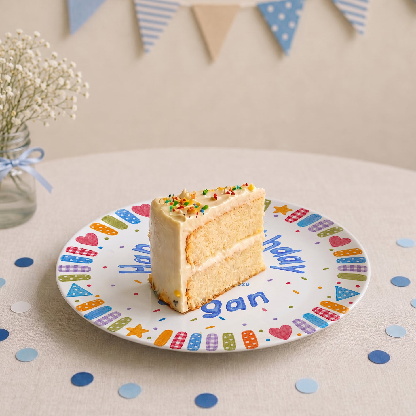 Blue Cake and Colorful Confetti Personalized Birthday Plate P6174GK0