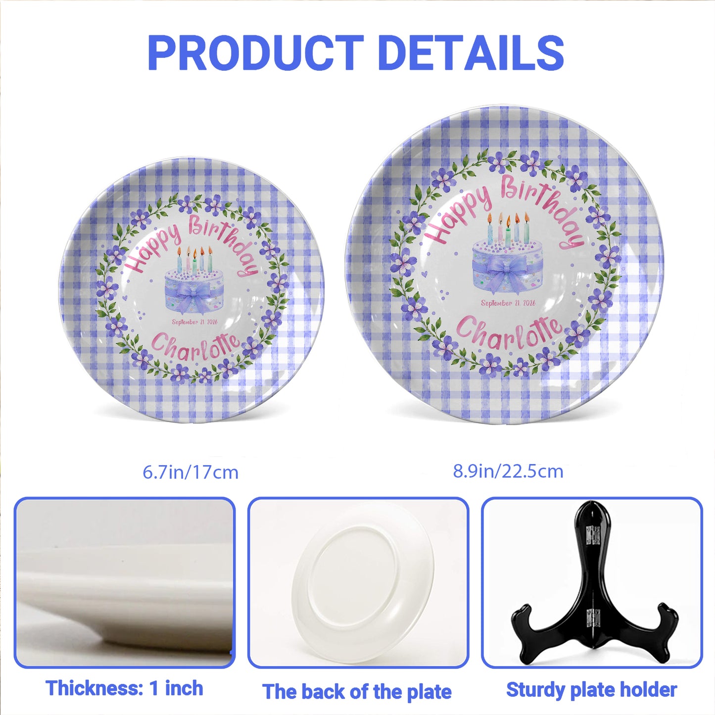 Purple Gingham Border with Floral Wreath Personalized Birthday Plate P624NIV0