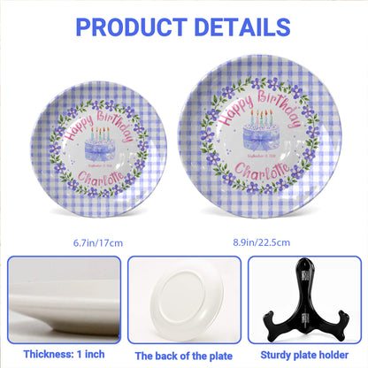 Purple Gingham Border with Floral Wreath Personalized Birthday Plate P624NIV0