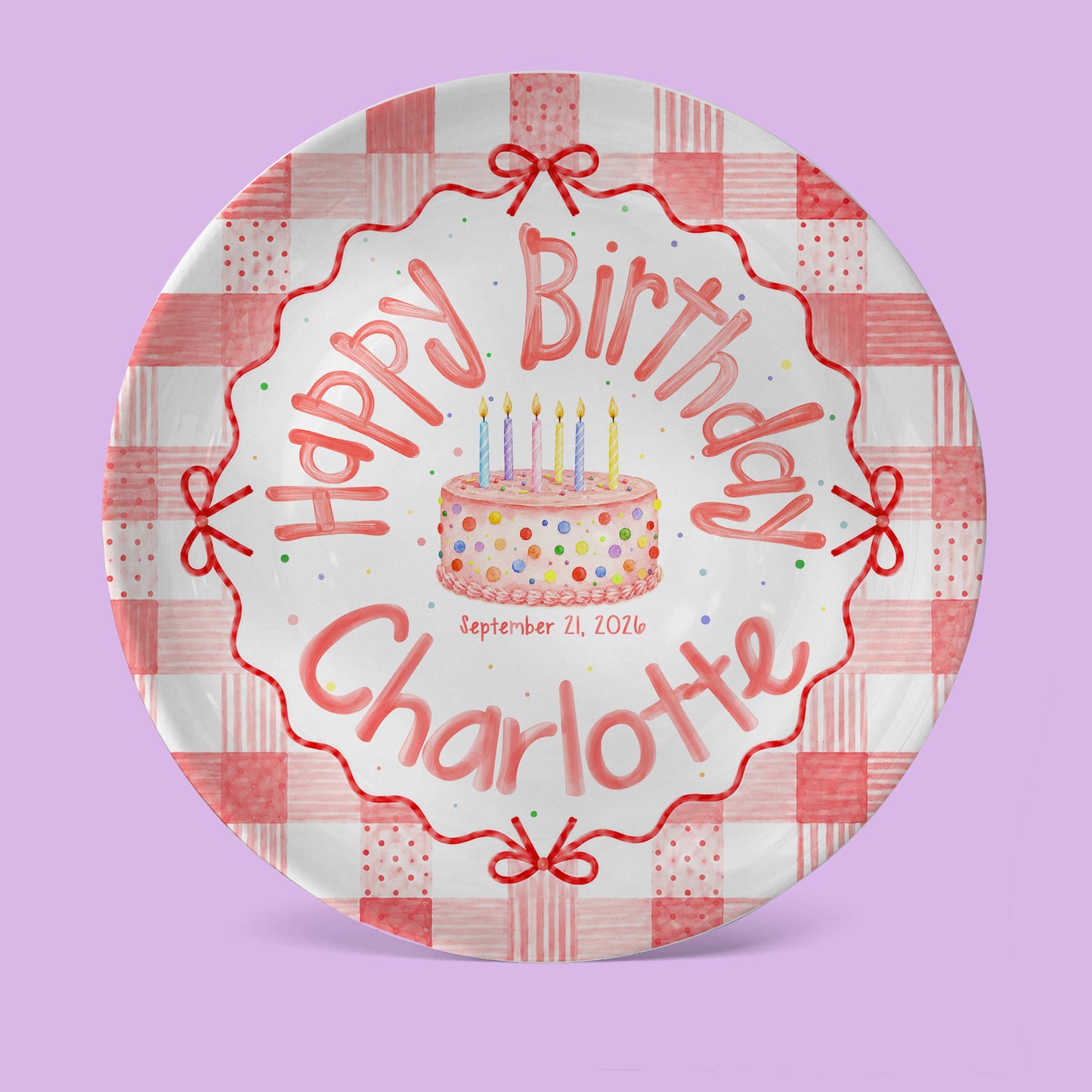 Pink Gingham Bow Birthday Keepsake Personalized Birthday Plate for Girls P627UVB0