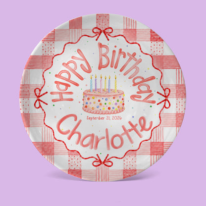 Pink Gingham Bow Birthday Keepsake Personalized Birthday Plate for Girls P627UVB0