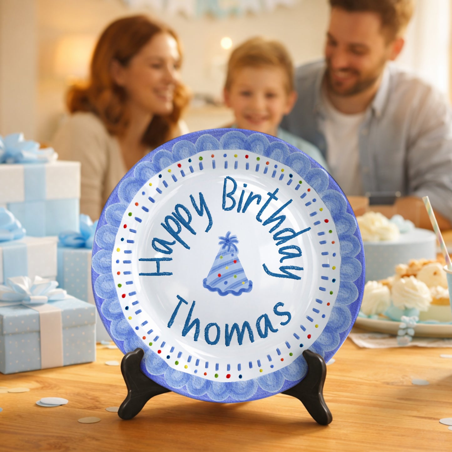 Blue Crayon Scallop Border with Party Hat Personalized Birthday Plate P511RLQ0