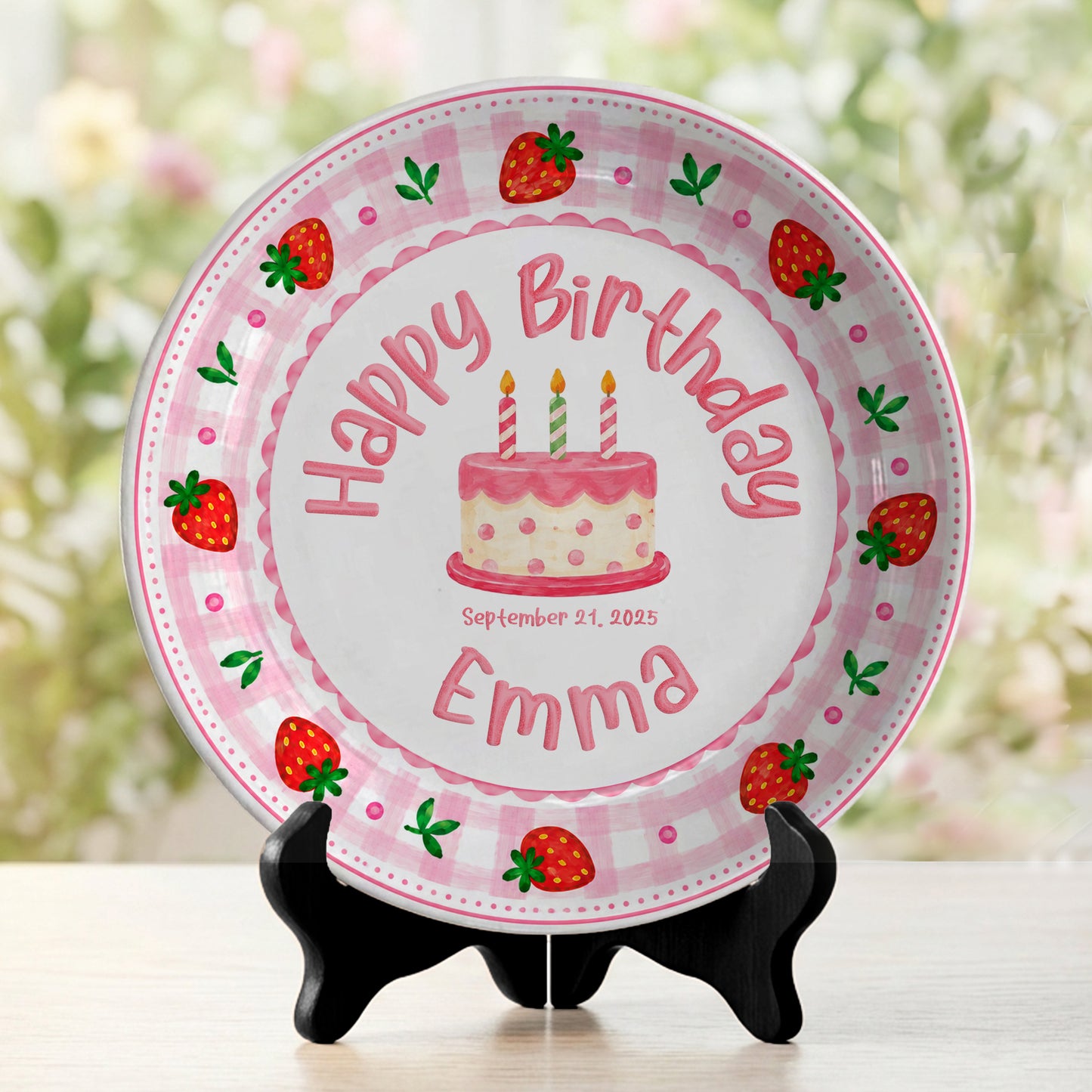 Strawberry Cake Personalized Birthday Plate for Girls, First Birthday Keepsake Gift P730H150