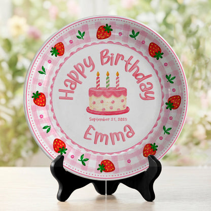 Strawberry Cake Personalized Birthday Plate for Girls, First Birthday Keepsake Gift P730H150